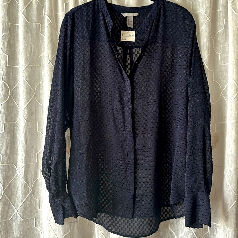 NEW H&M Navy Sheer Blouse with Single Button Cuff—Size 12